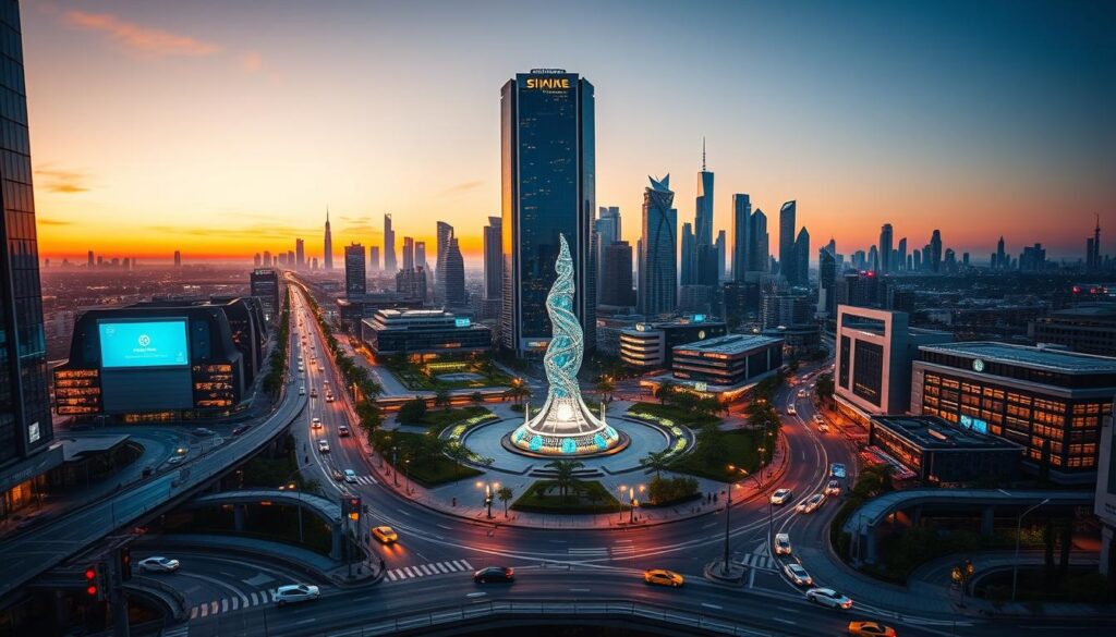 An ultra-modern smart city skyline at dusk, with futuristic high-rise buildings, glowing holographic displays, and autonomous vehicles seamlessly navigating the bustling streets. In the foreground, a network of advanced infrastructure - intelligent traffic signals, solar-powered lampposts, and underground tunnels for renewable energy distribution. The middle ground features a central plaza with a towering, LED-illuminated sculpture, surrounded by lush, technologically-enhanced greenery. The background is a stunning panorama of distant skyscrapers, their facades adorned with interactive screens and architectural lighting. The scene is bathed in a warm, amber glow, creating a harmonious, forward-thinking atmosphere.