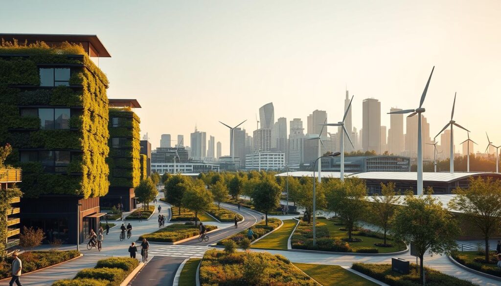 An urban landscape with vibrant green spaces, solar panels, and wind turbines showcasing sustainable initiatives. In the foreground, pedestrians and cyclists navigate a network of bike lanes and walkways. In the middle ground, modern, energy-efficient buildings with lush vertical gardens and rooftop gardens. In the background, a skyline of skyscrapers with solar panels and green roofs. Warm, golden lighting illuminates the scene, creating a sense of optimism and progress. Captured with a wide-angle lens to convey the scale and integration of these sustainable elements within the urban fabric.