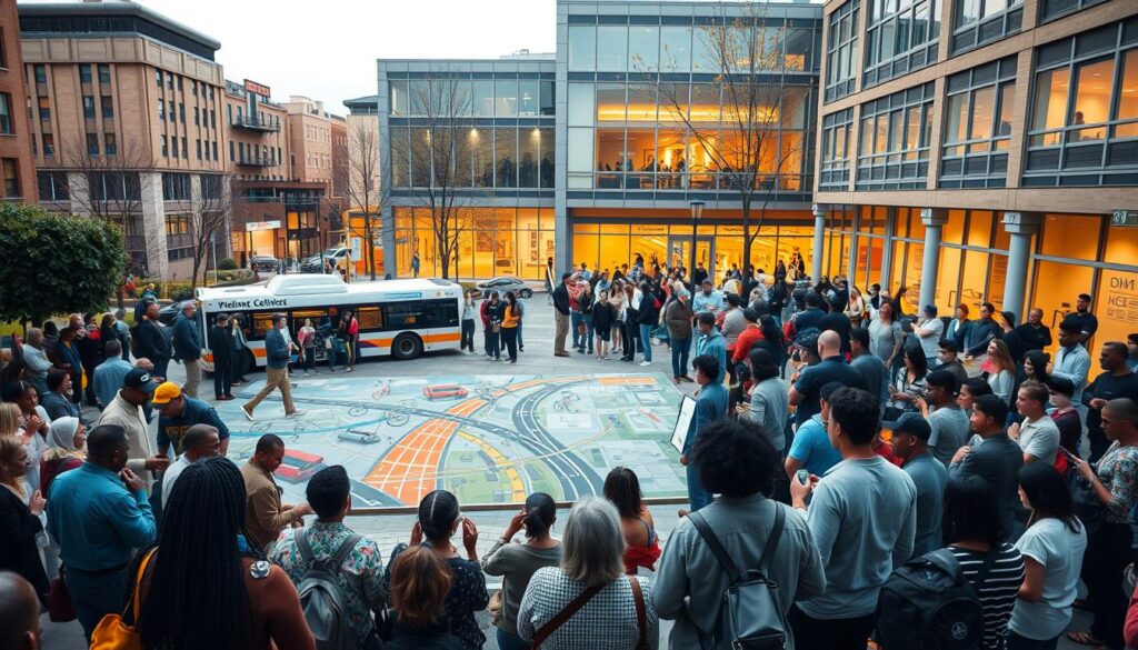 An urban neighborhood gathered around a central plaza, bustling with community members engaged in lively discussions. In the foreground, a diverse group of residents collaborates on a mural depicting interconnected transportation modes - buses, bicycles, and pedestrian pathways. The middle ground showcases a series of interactive displays highlighting resilience strategies, with citizens contributing ideas and feedback. In the background, a modern community center with large windows frames the scene, its architecture reflecting a harmonious blend of functionality and aesthetic appeal. Warm, diffused lighting creates an inviting atmosphere, conveying a sense of unity and civic pride as the community shapes the future of its transportation infrastructure.