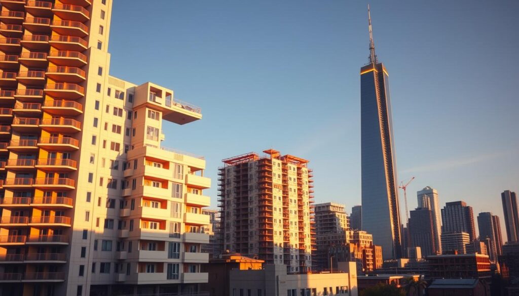 An urban skyline featuring a mix of high-rise buildings and modular construction structures. In the foreground, a modern, multi-story modular apartment complex with a sleek, minimalist design and clean lines. The middle ground showcases a partially constructed modular office building, its modular components neatly assembled. In the background, a towering skyscraper stands tall, contrasting the modular structures. The scene is bathed in warm, golden hour lighting, casting long shadows and creating a sense of depth. The overall atmosphere conveys the integration of innovative modular construction techniques within a thriving urban environment.