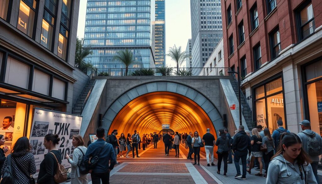 An urban tunnel entrance nestled in a vibrant community, warm lighting spilling onto the bustling sidewalk. Commuters mingle, engaged in animated discussions as architects and engineers showcase plans, inviting public feedback. Sleek, modern architecture blends seamlessly with historic facades, a testament to collaborative design. Towering skyscrapers frame the scene, their glass facades reflecting the dynamism of the moment. Wide-angle lens captures the energy, while soft, diffused lighting creates an inviting, inclusive atmosphere. This is a public forum where diverse perspectives shape the future of transportation infrastructure, a true collaboration between citizens and design professionals.