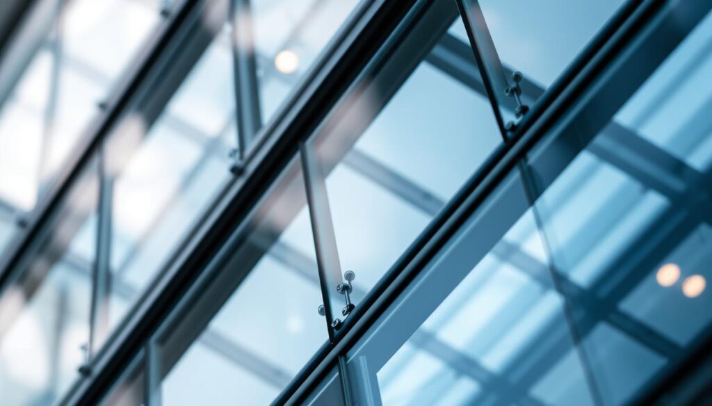 Architectural glazing, showcasing its intricate acoustic performance: a detailed close-up view of the glass facade, with a sharp focus on the intricate framing and panes. Captured in soft, diffused lighting to highlight the translucent quality, emphasizing the material's sound-dampening properties. The composition accentuates the layered complexity of the glazing system, conveying a sense of technical precision and visual elegance. Subtle reflections dance across the surface, hinting at the glazing's ability to control sound transmission. The overall mood is one of refined sophistication, inviting the viewer to appreciate the engineering behind this crucial building component.