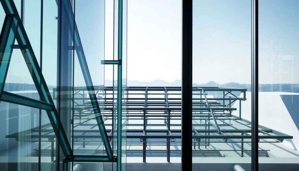 Architectural glazing standards, a sleek and technical composition. In the foreground, intricate glass panels of varying tints and shapes, meticulously crafted to maintain structural integrity. In the middle ground, steel frames and support structures, engineered to withstand the elements. The background features a clean, minimalist architectural landscape, with sharp lines and precise angles. Soft, directional lighting casts subtle shadows, highlighting the precision and attention to detail. The overall scene conveys a sense of modern, cutting-edge design, reflecting the expertise required to properly install and maintain a high-performance glazing system.