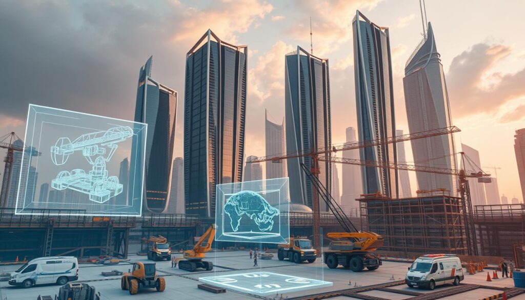 Architectural marvels rise amidst a futuristic cityscape, showcasing cutting-edge innovations in site engineering. Towering structures with sleek, geometric designs appear to defy gravity, their facades gleaming under warm, directional lighting. In the foreground, holographic displays project 3D models, allowing engineers to visualize and manipulate construction plans in real-time. Robotic cranes and autonomous vehicles navigate the bustling worksite with precision, optimizing material handling and site logistics. The scene exudes a sense of technological prowess, innovation, and the boundless potential of site engineering in shaping the cities of tomorrow.