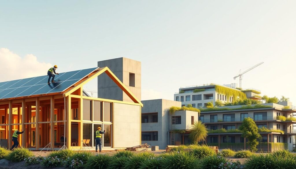 Architectural rendering of a sustainable construction site, showcasing cutting-edge techniques. In the foreground, workers install solar panels on a modular timber frame building, harnessing renewable energy. The midground features a 3D-printed concrete structure, demonstrating advanced material science. In the background, a green roof system covers an office complex, with lush vegetation and rainwater harvesting. Warm, natural lighting illuminates the scene, creating a serene, eco-friendly atmosphere. The composition highlights the integration of innovative, sustainable construction methods that minimize environmental impact.