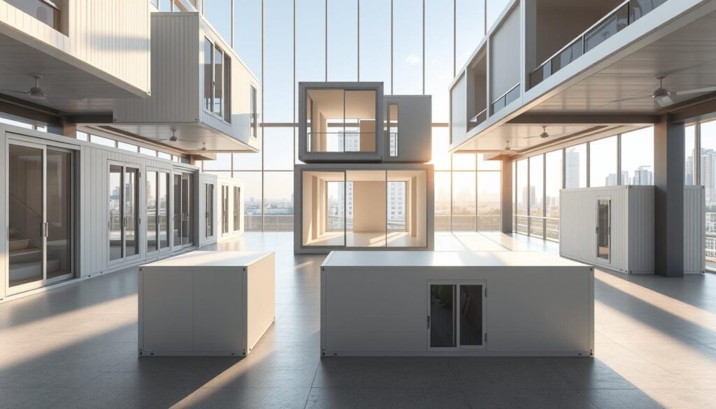 Architectural rendering of modular construction applications, showcasing a variety of interconnected modular units in a modern, minimalist setting. The foreground features various module configurations, seamlessly integrated with each other, conveying the flexibility and versatility of modular design. The middle ground depicts a well-lit, airy interior space with natural light streaming through large windows, highlighting the open and spacious layout. The background sets the scene with a sleek, urban landscape, emphasizing the urban context in which these modular structures can be deployed. The overall atmosphere is one of innovation, efficiency, and architectural elegance, capturing the essence of modular construction engineering.