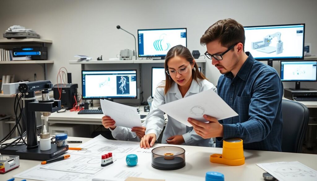 Bioengineers designing and testing a medical device prototype Bioengineers designing and testing a medical device prototype