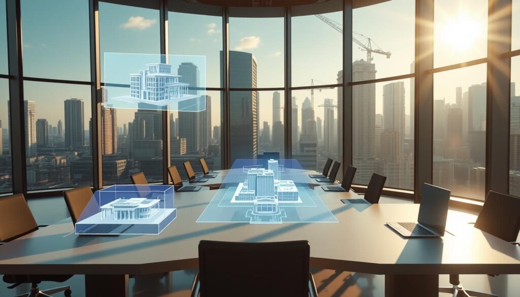 Building Information Modeling, a digital representation of a construction project's physical and functional characteristics. A futuristic office interior with sleek, minimalist desks and chairs. Holographic displays showcasing 3D architectural models hover above the desks, bathed in a soft, ambient glow. The background features floor-to-ceiling windows overlooking a modern cityscape, with skyscrapers and cranes in the distance. Sunlight streams in, casting long shadows and creating a sense of depth and perspective. The overall atmosphere is one of innovation, technology, and sustainable engineering at work.