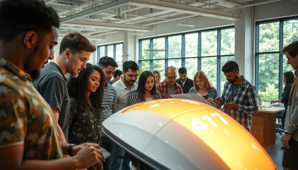 Bustling community center with a vibrant mix of people gathered around an engineering project, working together intently. In the foreground, a diverse group collaborating on a sleek, futuristic-looking device, their faces illuminated by its warm glow. In the middle ground, a team reviewing blueprints, gesturing animatedly. In the background, an airy, light-filled space with large windows overlooking a lush, green outdoor space. Soft, diffused lighting creates a sense of harmony and shared purpose. The atmosphere is one of focused productivity, innovation, and a strong sense of community.