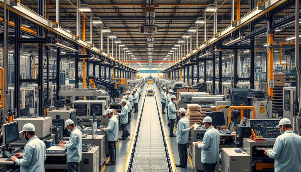 Bustling factory floor, filled with sleek machines and efficient workflows. In the foreground, workers in crisp uniforms execute lean manufacturing techniques - 5S, Kaizen, Kanban - with practiced precision. Smooth, uninterrupted material flow through the middle ground, powered by intelligent logistics. In the background, state-of-the-art automation systems monitor production, optimizing every step. Warm, directional lighting casts an air of focused productivity, while wide-angle lenses capture the scale and interconnectedness of this sustainable industrial ecosystem.