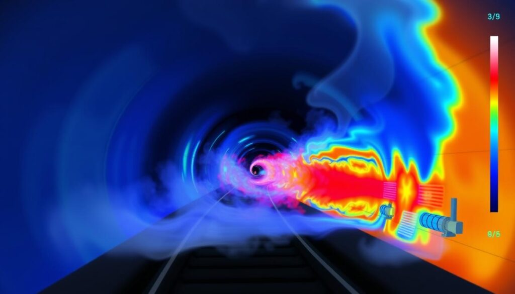 CFD simulation showing smoke propagation patterns during a fire emergency in a rail tunnel CFD simulation showing smoke propagation patterns during a fire emergency in a rail tunnel