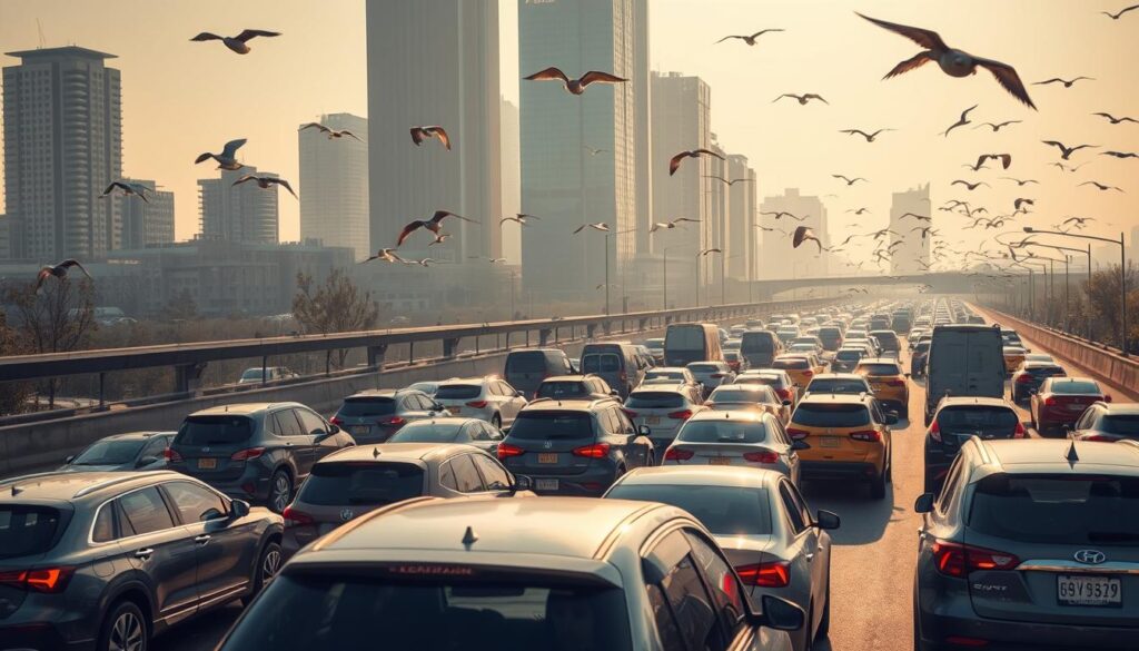 Chaotic urban landscape, traffic jam on a multi-lane highway during rush hour. Vehicles of various sizes and colors crawling at a snail's pace, taillights blinking in the distance. Towering skyscrapers and office buildings loom in the background, casting long shadows. Hazy atmosphere, warm sunlight filters through the smog. Frustrated commuters peer out of their windows, stress and irritation etched on their faces. Overhead, a flock of birds soar gracefully, oblivious to the gridlock below. Telephoto lens captures the scene, emphasizing the sense of claustrophobia and overwhelming scale of the problem.