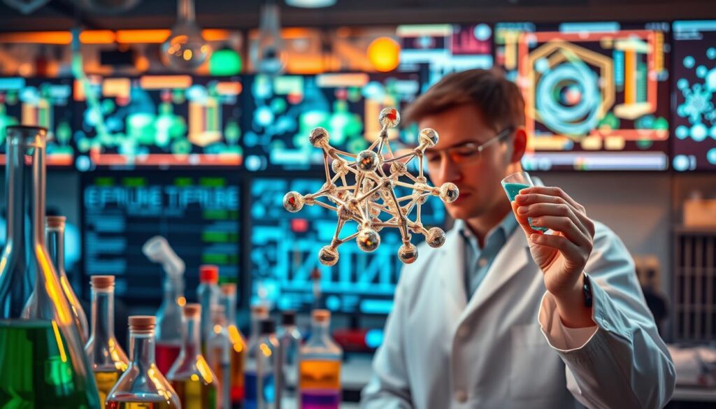 Chemical engineering research themes: A vibrant kaleidoscope of beakers, test tubes, and intricate glassware against a backdrop of sleek, modern laboratory equipment. In the foreground, a researcher in a pristine white lab coat examines a sample under the warm glow of LED lighting, while in the middle ground, a 3D model of a molecular structure hovers in the air, its intricate bonds and angles illuminated by soft, directional lighting. The background features a wall of computer screens displaying complex data visualizations and simulations, creating an atmosphere of cutting-edge innovation and discovery.
