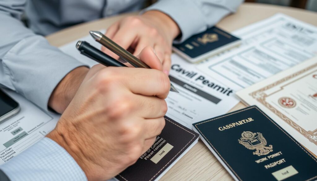 Civil engineer completing work permit application forms for Gibraltar