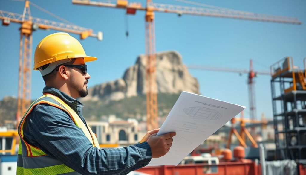 Civil engineer reviewing blueprints at a Gibraltar construction site with the Rock of Gibraltar visible in the background