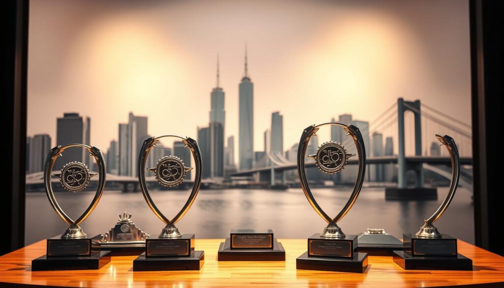 Civil engineering awards displayed on a polished wooden podium under a warm, focused spotlight. In the background, a sleek, modern city skyline with towering skyscrapers and bridges. The awards are meticulously crafted, with gleaming metal surfaces and intricate designs that capture the precision and innovation of the engineering field. The lighting creates a sense of prestige and celebration, highlighting the achievements of the award recipients. The overall composition conveys the prestigious nature of civil engineering accolades and the respect they command within the industry.