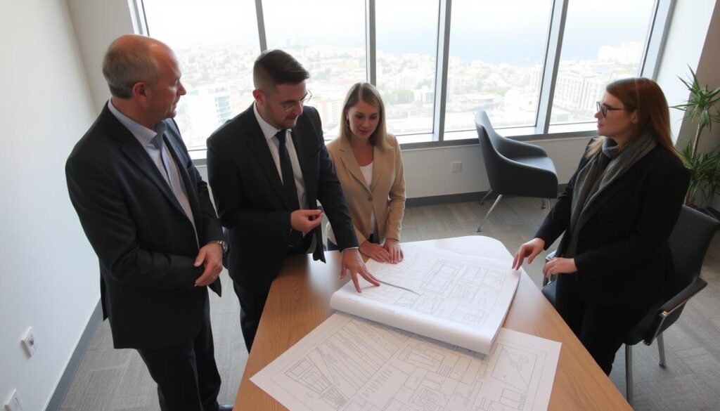Civil engineering consultant meeting with clients in Gibraltar to discuss a small-scale infrastructure project