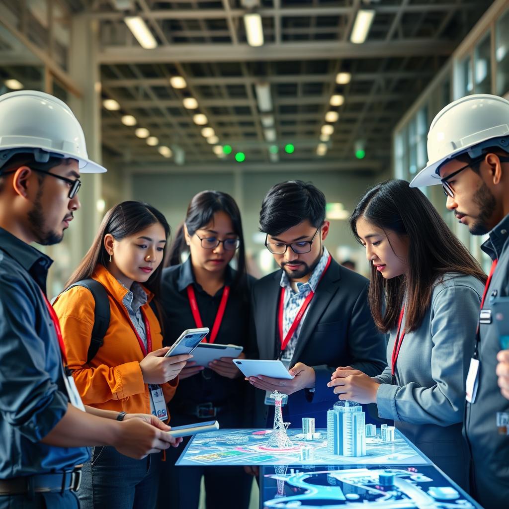 Civil engineers collaborating with technology specialists on smart city projects in Southeast Asia