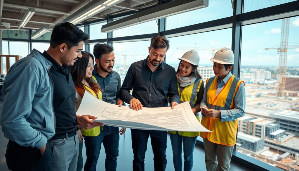 Civil engineers from diverse backgrounds collaborating on a major infrastructure project in Southeast Asia