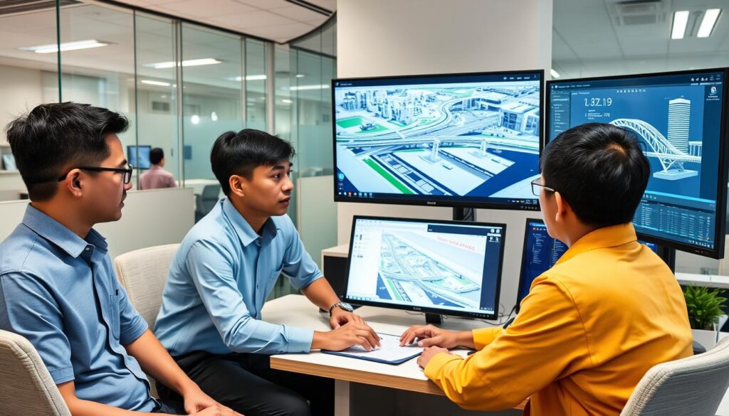 Civil engineers using specialized software for infrastructure design in Southeast Asia