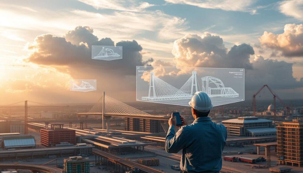 Clouds floating above a bustling construction site, digital blueprints and 3D models hovering in the air, engineers collaborating through augmented reality interfaces. A high-tech future where civil engineering embraces cloud-based tools, real-time data sharing, and seamless cross-platform collaboration. Warm afternoon sunlight filters through wispy cirrus clouds, casting a soft glow on the scene. Sleek, futuristic mobile devices in the hands of the engineers, facilitating instant communication and remote project management. Detailed holographic renderings of bridges, roads, and buildings materialized before their eyes, allowing for iterative design and on-the-fly changes. An innovative, connected ecosystem where the physical and digital realms converge to shape the infrastructure of tomorrow.