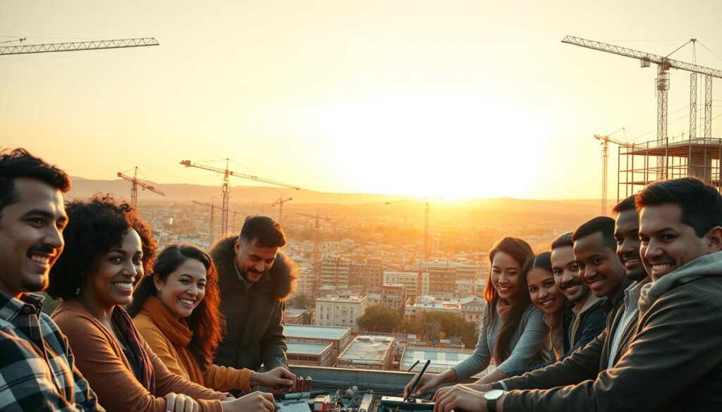 Community development through engineering, captured in a vibrant scene. In the foreground, a group of diverse individuals collaborate on a construction project, their faces alight with determination. The middle ground features a bustling urban landscape, with cranes and scaffolding rising amidst a mix of modern and historic architecture. In the background, a horizon of rolling hills and a golden sunset cast a warm, hopeful glow over the entire scene. The lighting is soft and natural, with a slight sepia tone that evokes a sense of timelessness. The overall composition conveys a harmonious blend of human ingenuity, technological progress, and a commitment to shaping a better future for the community.