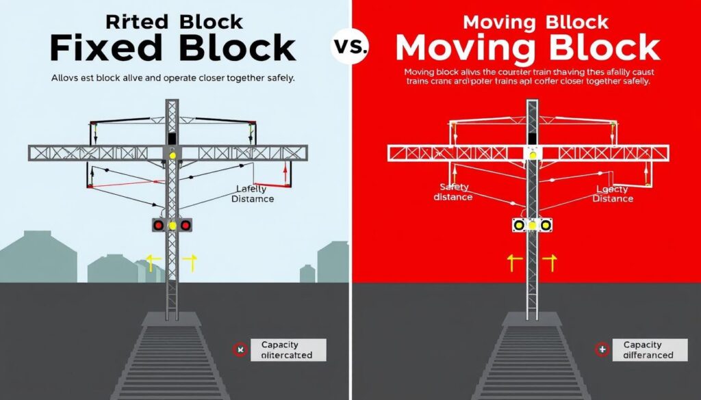 Comparison of fixed block vs. moving block signaling systems showing increased capacity Comparison of fixed block vs. moving block signaling systems showing increased capacity