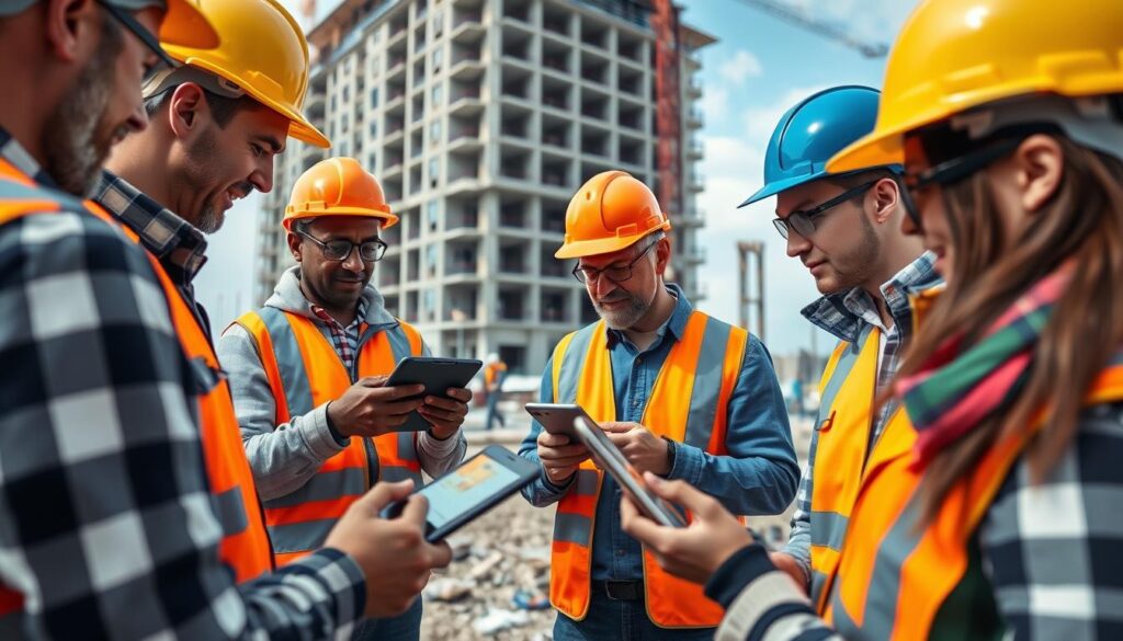 Construction team using Autodesk Construction Cloud on tablets at a job site Construction team using Autodesk Construction Cloud on tablets at a job site