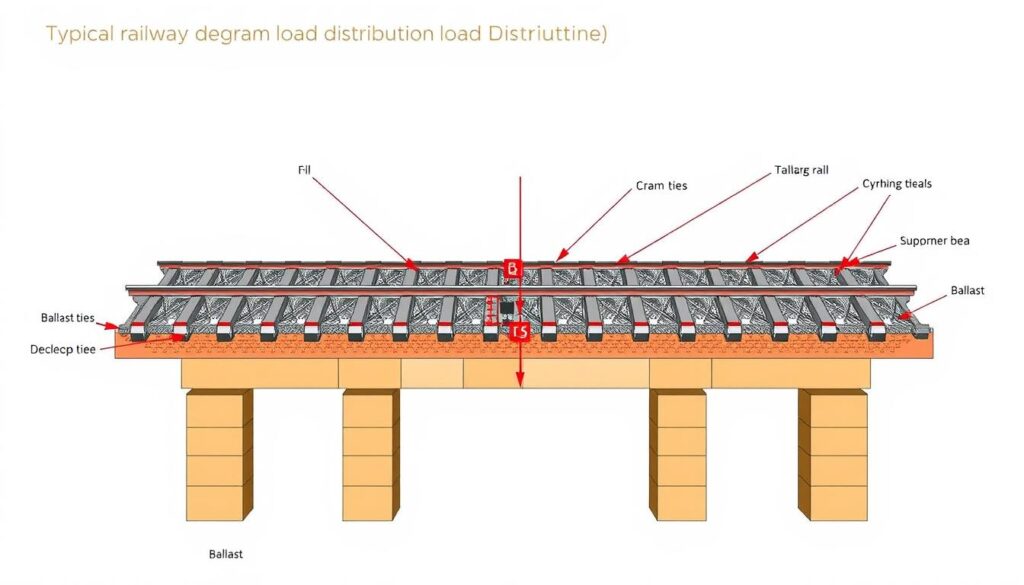 Cross-section diagram of a typical railway bridge deck showing load distribution patterns Cross-section diagram of a typical railway bridge deck showing load distribution patterns