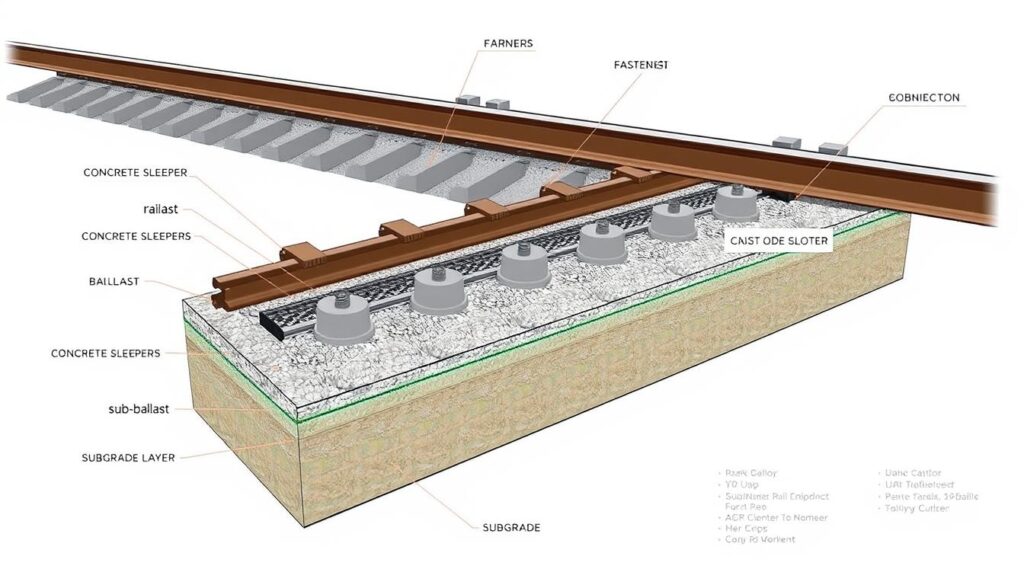 Cross-section diagram of high-speed rail track construction showing multiple layers