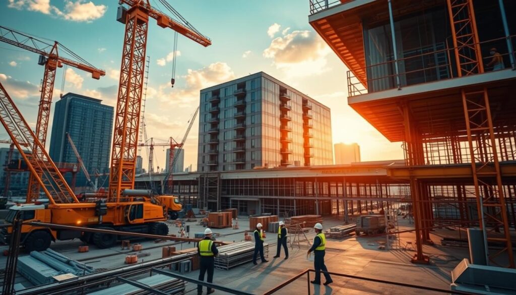 Cutting-edge construction project management solutions in the USA, captured through a cinematic lens. Showcase a bustling construction site, with cranes and heavy machinery in the foreground, workers collaborating in the middle ground, and a sleek, modern office building in the background. Utilize warm, golden lighting to create a sense of progress and innovation. Emphasize the seamless integration of technology, streamlined workflows, and cross-functional teamwork that drive these breakthrough project management approaches. Convey a sense of dynamism, efficiency, and a vision for the future of the construction industry.