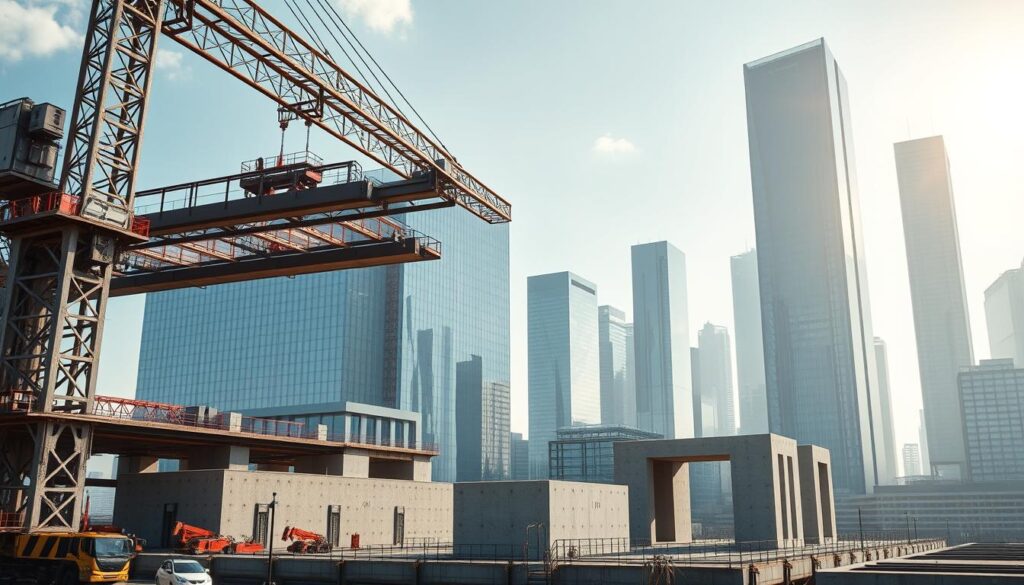 Cutting-edge construction technologies in a modern, sleek setting. In the foreground, a towering crane effortlessly lifts steel beams, showcasing advancements in heavy machinery. In the middle ground, 3D-printed concrete structures take shape, demonstrating the precision and efficiency of additive manufacturing. In the background, a cityscape of glass skyscrapers and innovative building materials reflects the sunlight through a soft, diffused haze. The scene conveys a sense of progress, innovation, and the transformative impact of technology on the construction industry.
