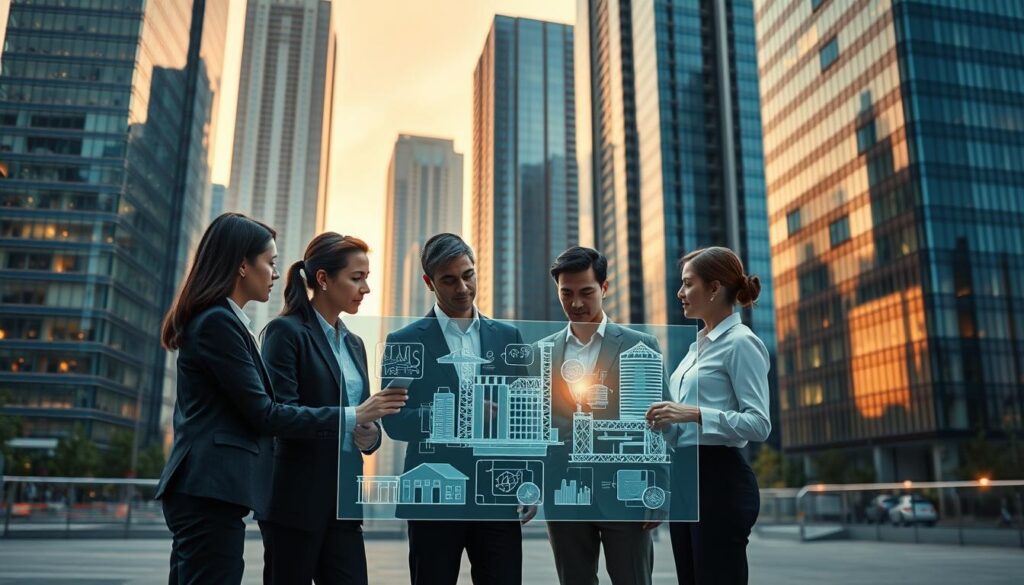 Cutting-edge project management techniques unfold in a sleek urban landscape. A team of professionals, clad in crisp business attire, huddle around a holographic display, analyzing intricate construction schematics. The backdrops feature towering skyscrapers, their glass facades reflecting the warm glow of the setting sun. The scene is illuminated by a soft, directional light, casting subtle shadows that accentuate the details of the architecture and the collaborative effort of the team. The overall mood is one of efficiency, innovation, and a vision for the future of urban development.