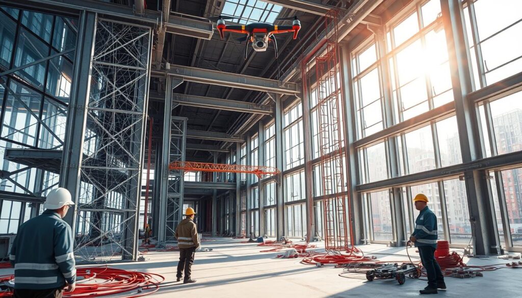 Cutting-edge smart materials in construction: a high-tech construction site, with workers monitoring a gleaming steel frame and self-healing concrete, using advanced sensors and responsive materials. Intricate webs of fiber optic cables and microprocessors embedded within the structure, enabling real-time monitoring and dynamic adjustments. Sunlight streams through large windows, illuminating the futuristic scene. A drone hovers overhead, surveying the progress. The atmosphere is one of innovation, efficiency, and a glimpse into the construction industry's technological revolution.
