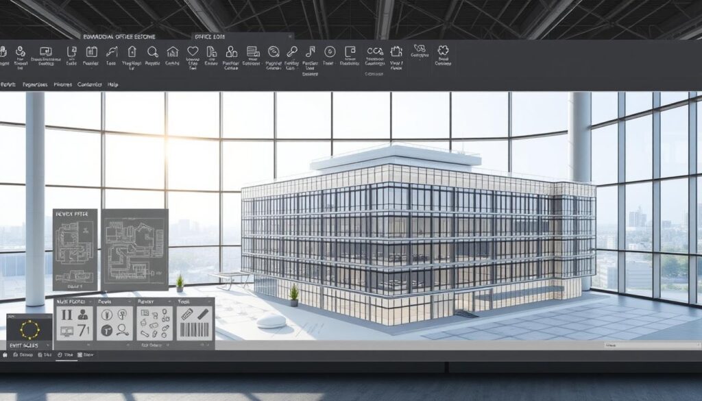 Detailed 3D architectural rendering of a modern Revit building information modeling software interface, showcasing a high-poly 3D model of a multi-story commercial office building. The scene is illuminated by natural daylight filtering through large windows, creating a bright and airy atmosphere. The user interface displays various BIM tools, building components, and floor plans, all rendered in a clean, minimalist style. The overall composition emphasizes the power and functionality of Revit for comprehensive building design and construction planning. The image should convey a sense of professionalism, technology, and the versatility of Revit as a leading BIM software.