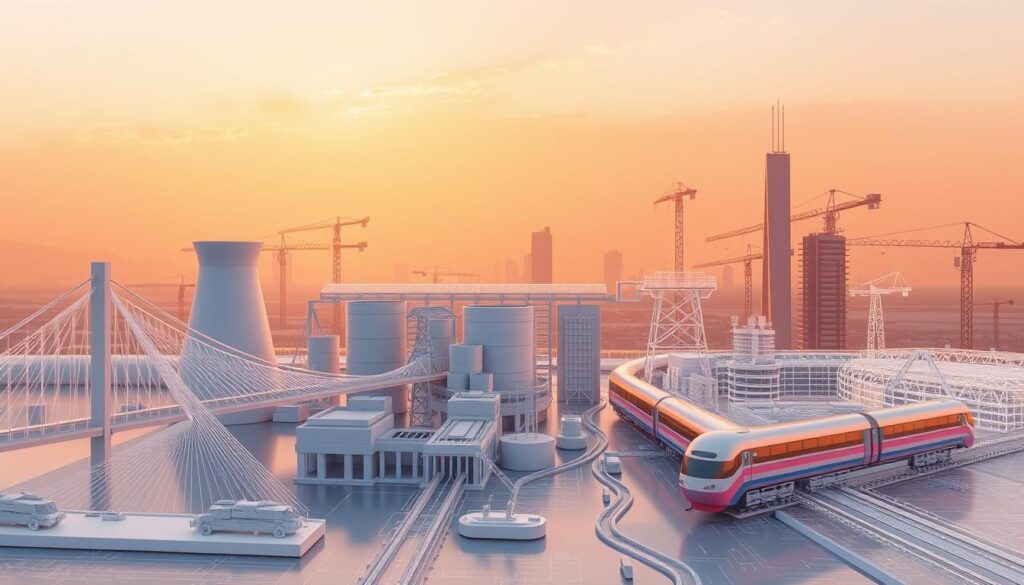 Detailed 3D illustration of civil engineering specializations. In the foreground, large models of a suspension bridge, a nuclear power plant, and a high-speed rail line. In the middle ground, technical diagrams and wireframe models of a dam, a skyscraper, and an airport terminal. In the background, a hazy skyline with silhouettes of cranes and construction equipment, bathed in warm, golden hour lighting. The scene conveys the diverse scope, technical complexity, and grand scale of civil engineering projects. Rendered with high photorealism, precise technical accuracy, and a sense of awe and ambition.