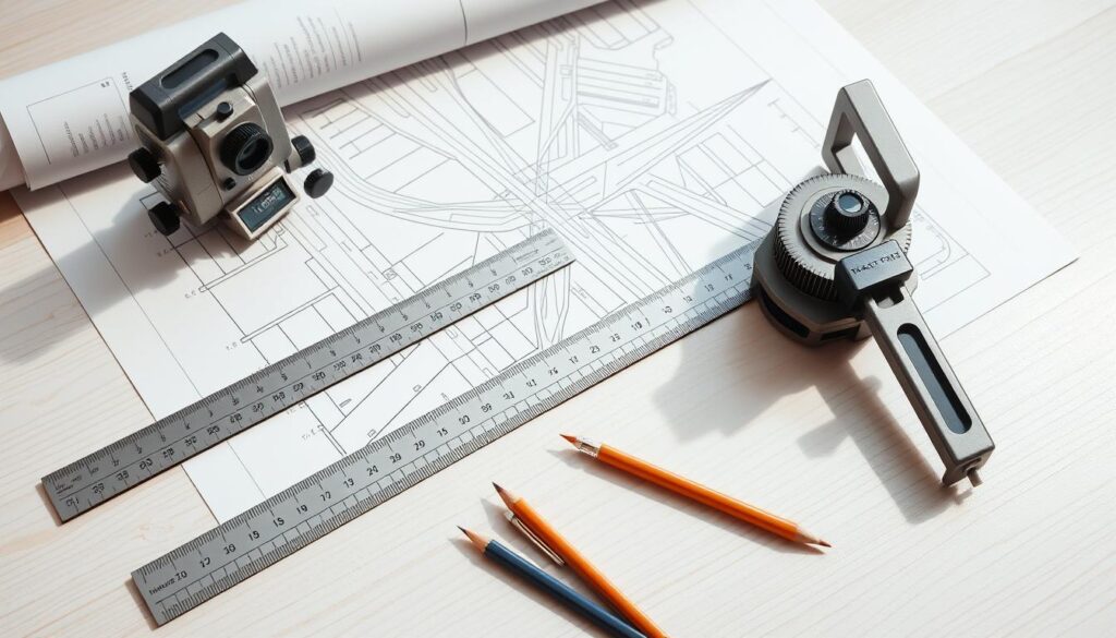 Detailed AutoCAD civil engineering tools for road design, including a theodolite, surveying compass, ruler, protractor, and drafting pencils. The tools are neatly arranged on a clean, light wooden table, with a blueprint of a road layout in the background. Soft, directional lighting casts subtle shadows, highlighting the precision and technical nature of the equipment. The overall atmosphere conveys a sense of diligent planning and problem-solving essential for civil engineering projects.