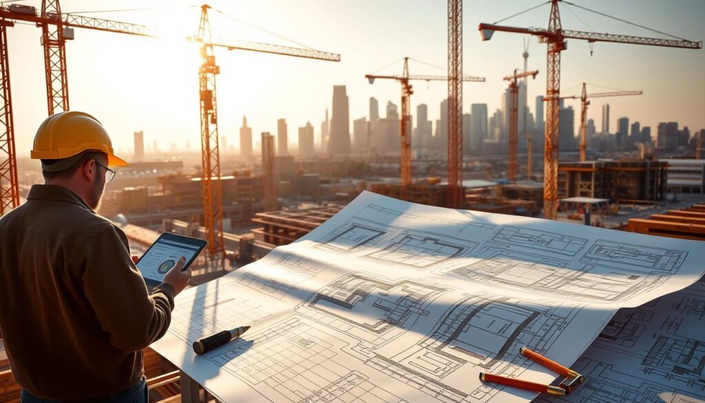 Detailed architectural blueprint of a modern construction site in the United States, featuring cranes, scaffolding, and workers in hard hats overseeing the project. The scene is bathed in warm afternoon sunlight, creating long shadows and a sense of progress and industry. In the background, a city skyline with skyscrapers and construction equipment can be seen, hinting at the larger urban context. The foreground emphasizes the intricate planning and coordination required to manage such a complex endeavor, with engineers studying blueprints and supervisors communicating via mobile devices. The overall atmosphere conveys the challenges and innovations inherent in contemporary construction project management in the USA.