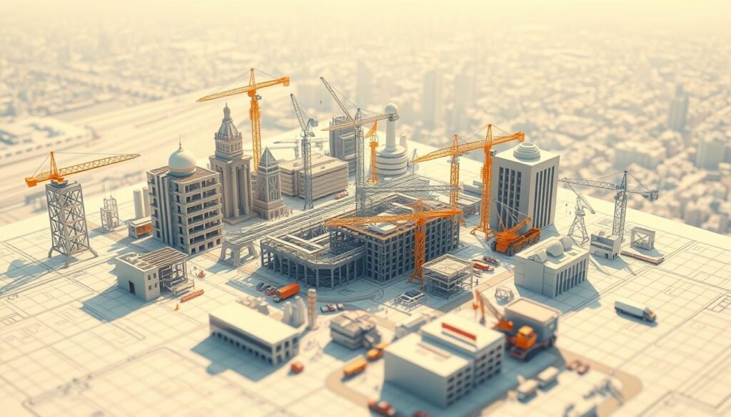 Detailed architectural blueprint of diverse civil engineering career opportunities, showcased in a well-lit, isometric illustration. Foreground depicts various specialized roles such as structural, transportation, environmental, and geotechnical engineers, each represented by intricate 3D models. Middle ground features a bustling construction site with cranes, scaffolding, and heavy machinery, conveying the dynamic nature of the industry. Background showcases a panoramic cityscape, hinting at the vast infrastructure projects civil engineers contribute to. Soft, warm lighting creates a professional, aspirational atmosphere, inviting the viewer to explore the multifaceted pathways within civil engineering.