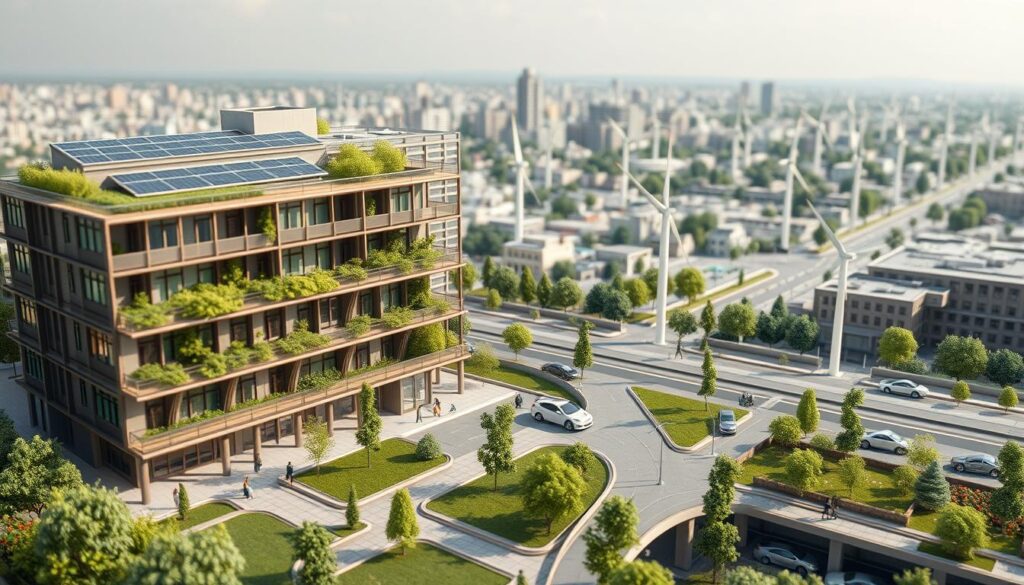 Detailed architectural model showcasing sustainable practices in civil engineering. Foreground features a modern multi-story building with solar panels, green roofing, and natural ventilation systems. Middle ground includes a network of pedestrian walkways and electric vehicle charging stations. In the background, a cityscape with wind turbines, urban greenery, and integrated water management systems. Soft, natural lighting illuminates the scene, creating a serene and environmentally-conscious atmosphere. Rendered in a photorealistic style using a wide-angle lens to capture the holistic vision of sustainable urban development.