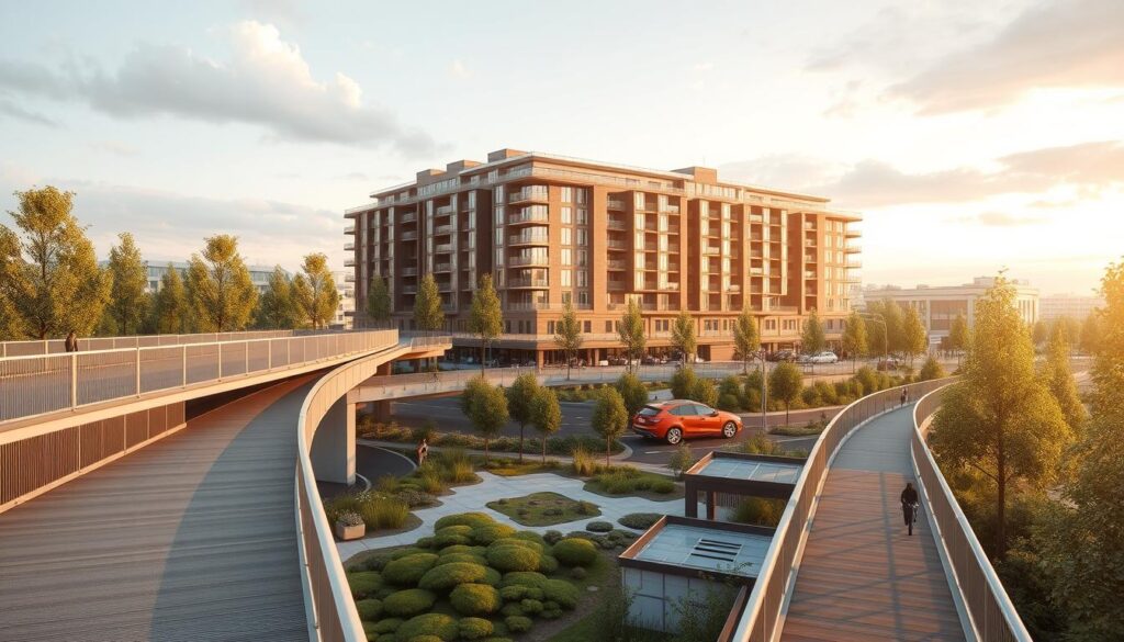 Detailed architectural rendering of a modern, climate-resilient urban infrastructure design. The foreground features an elevated walkway and bike path constructed with durable, weatherproof materials. Middle ground showcases a network of green spaces, permeable surfaces, and stormwater management systems. In the background, a mixed-use residential and commercial building with solar panels, green roofs, and passive cooling strategies. Warm, diffused lighting illuminates the scene, creating a sense of harmony between the built and natural environments. The overall composition emphasizes functionality, sustainability, and adaptation to extreme weather conditions.