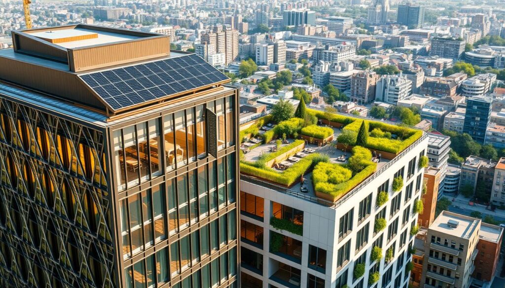 Detailed architectural rendering of a modern green building, showcasing its sustainable design features. Foreground depicts the building's striking facade with large energy-efficient windows, intricate geometric patterns, and prominent solar panels. Middle ground highlights the lush rooftop garden and terrace, with vibrant greenery and outdoor seating areas. Background depicts a bustling urban landscape, with other eco-friendly buildings and greenspaces. Warm natural lighting bathes the scene, casting gentle shadows and highlighting the building's sleek, minimalist lines. The overall atmosphere conveys a sense of environmental harmony and innovative architectural solutions for a sustainable future.