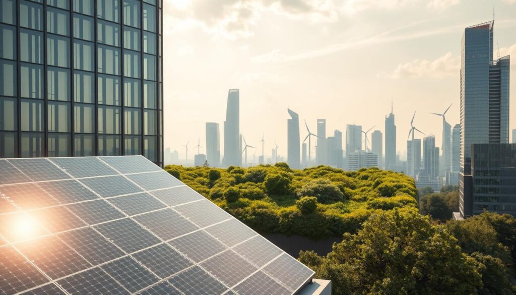 Detailed architectural rendering of energy-efficient design strategies. Prominent in the foreground, an array of solar panels seamlessly integrated into a sleek, modern building facade. The middle ground features a lush green roof cascading over the structure, blending nature and technology. In the background, a cityscape of sustainable skyscrapers with wind turbines dotting the skyline. Warm, diffused lighting illuminates the scene, creating a tranquil, serene atmosphere. Crisp, high-resolution image showcasing innovative, eco-friendly design principles.