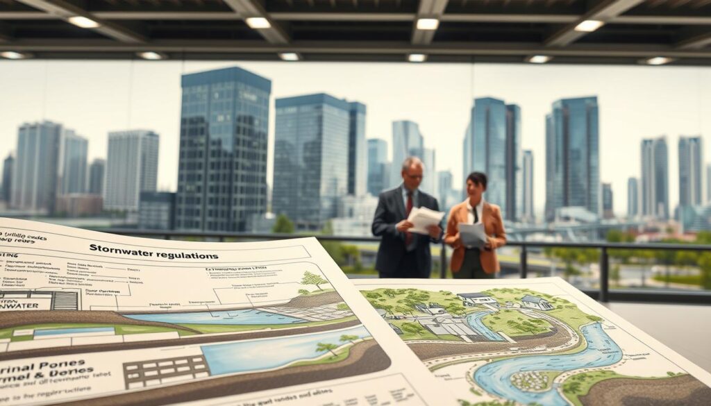 Detailed architectural rendering of stormwater regulations, showcasing a comprehensive set of building codes, guidelines, and ordinances. In the foreground, a detailed schematic diagram depicts various stormwater management strategies, including retention ponds, permeable surfaces, and green infrastructure. The middle ground features a group of government officials, urban planners, and civil engineers engaged in a discussion, with technical documents and blueprints in hand. The background depicts a cityscape with modern high-rise buildings, reflecting the urban context in which these regulations are applied. The lighting is crisp and evenly distributed, creating a sense of authority and professionalism. The overall atmosphere conveys the importance of compliance and the necessary collaboration between stakeholders to design an effective storm drainage system.