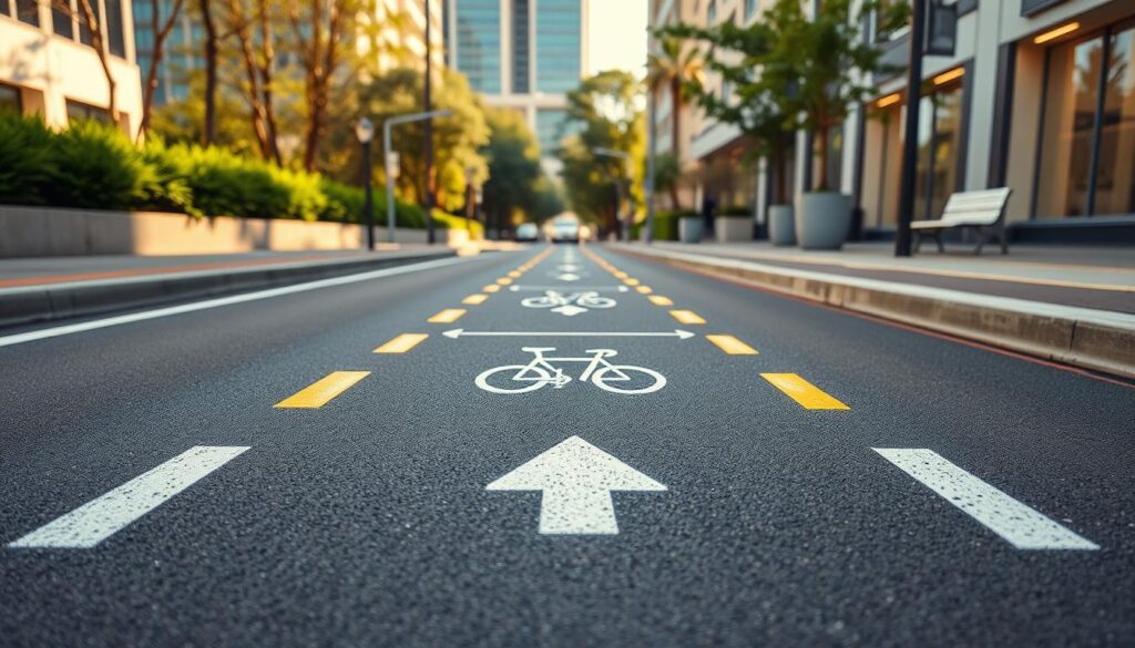 Detailed blueprint of a modern bike lane design, showcasing sleek lines, vibrant color accents, and clear delineation. Crisp, high-definition image captured with a wide-angle lens, illuminated by warm, natural lighting. The foreground features the lane's raised curb and smooth asphalt surface, with strategic placement of reflective markers. The middle ground depicts dedicated bike symbols, directional arrows, and precise lane width indicators. In the background, lush urban greenery and minimalist street furniture complement the overall aesthetic. Conveys a sense of safety, accessibility, and seamless integration within the cityscape.