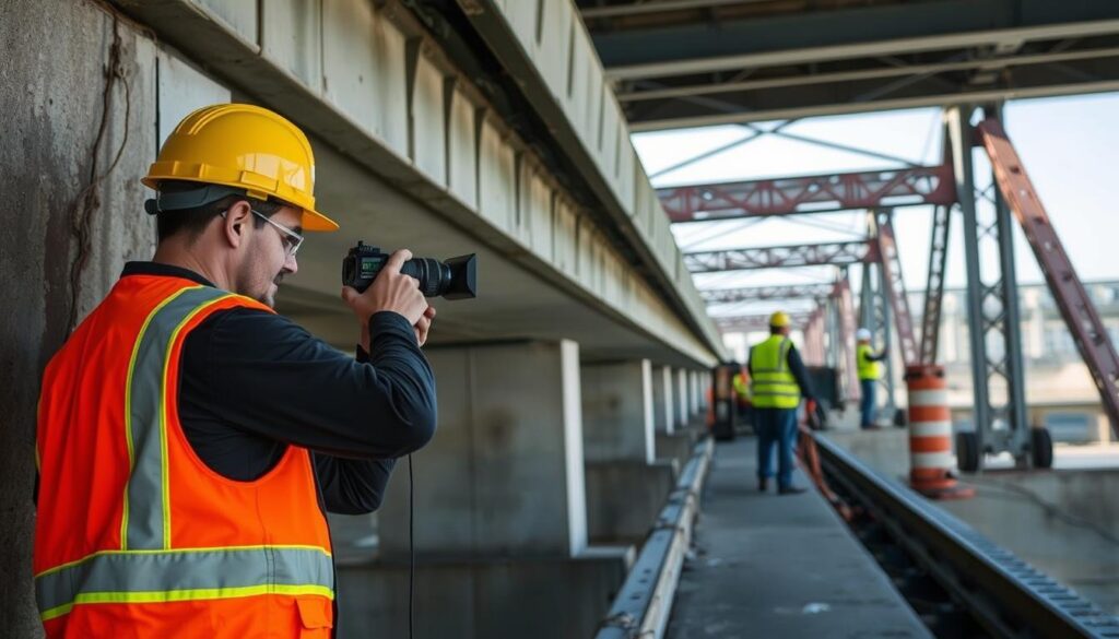 Detailed bridge inspection methods: a technician in a reflective vest using a handheld camera to document cracks and corrosion on the concrete structure, with a maintenance crew in the background examining the bridge's steel girders under natural daylight. The scene depicts a thorough visual inspection process with attention to safety and documentation, capturing the essence of modern bridge engineering practices.