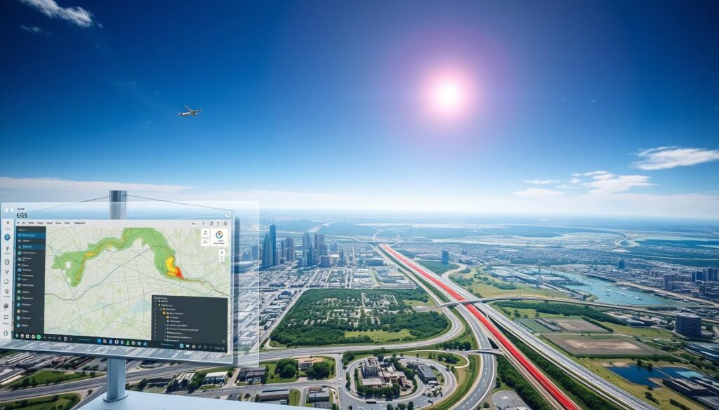 Detailed civil engineering GIS applications, featuring a cityscape with 3D terrain, infrastructure, and various overlaying data visualizations. The foreground showcases a dashboard with GIS analytical tools, while the middle ground depicts a digital twin model of a road network with real-time traffic monitoring. The background landscape includes satellite imagery, topographic maps, and aerial photography integrated seamlessly. Bright, evenly distributed lighting from multiple angles, with a crisp, professional photographic quality and a subtle depth of field effect. The overall mood is one of technological sophistication, data-driven decision making, and the transformative power of GIS in civil engineering.