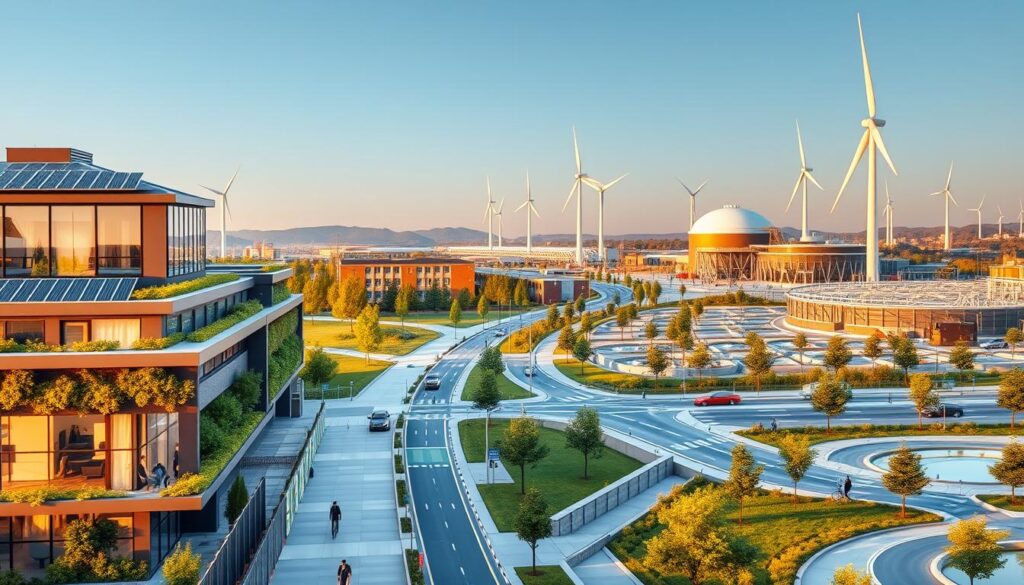 Detailed civil engineering landscape showcasing sustainable practices. In the foreground, a modern, energy-efficient building with solar panels on the roof and green walls. In the middle ground, a network of pedestrian-friendly walkways and bike lanes, with electric vehicle charging stations. In the background, a wind turbine farm and a water treatment facility, demonstrating innovative water management. The scene is bathed in warm, natural lighting, creating a serene and forward-thinking atmosphere. The overall composition highlights the integration of sustainable technologies and urban planning principles to create a harmonious, environmentally-conscious community.