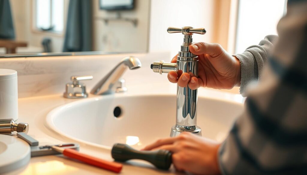 Detailed close-up of a DIY faucet installation process. The foreground features a pair of skilled hands carefully assembling the faucet components, with various tools and parts neatly laid out. The middle ground showcases the sink basin and surrounding countertop, with a slight reflection in the basin's shiny surface. The background is softly blurred, providing context of a well-lit bathroom interior with warm, natural lighting. The overall mood is one of precise, methodical focus, conveying the steps required to successfully install a new faucet as part of basic plumbing repairs for homeowners.