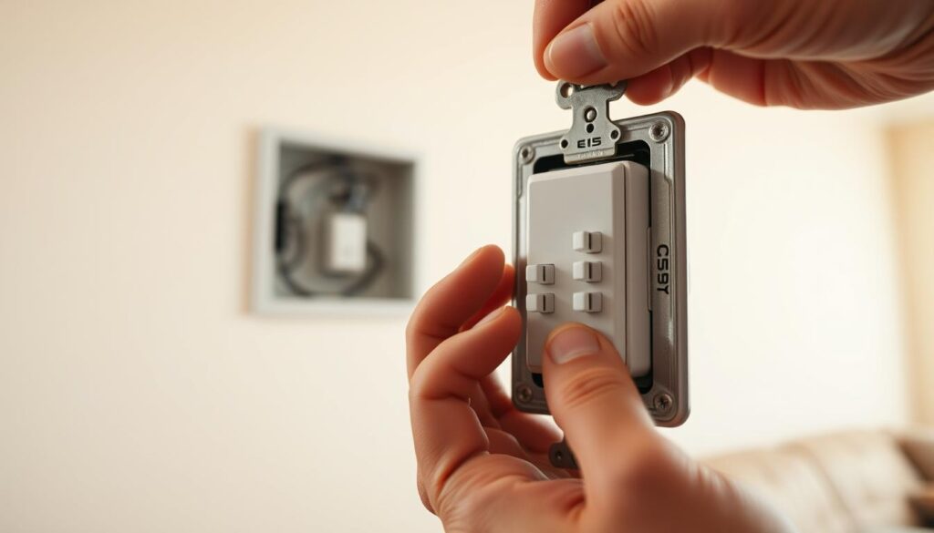 Detailed close-up shot of a DIY light switch replacement process. The foreground shows an open electrical wall box with exposed wiring and a new light switch waiting to be installed. Middle ground features a person's hands carefully connecting the switch terminals to the wires. The background depicts a clean, well-lit home interior, with a neutral-colored wall providing a clean backdrop. Soft, natural lighting illuminates the scene, creating a sense of focus and attention to detail. The overall mood is one of concentration, precision, and the satisfaction of a successful home repair.